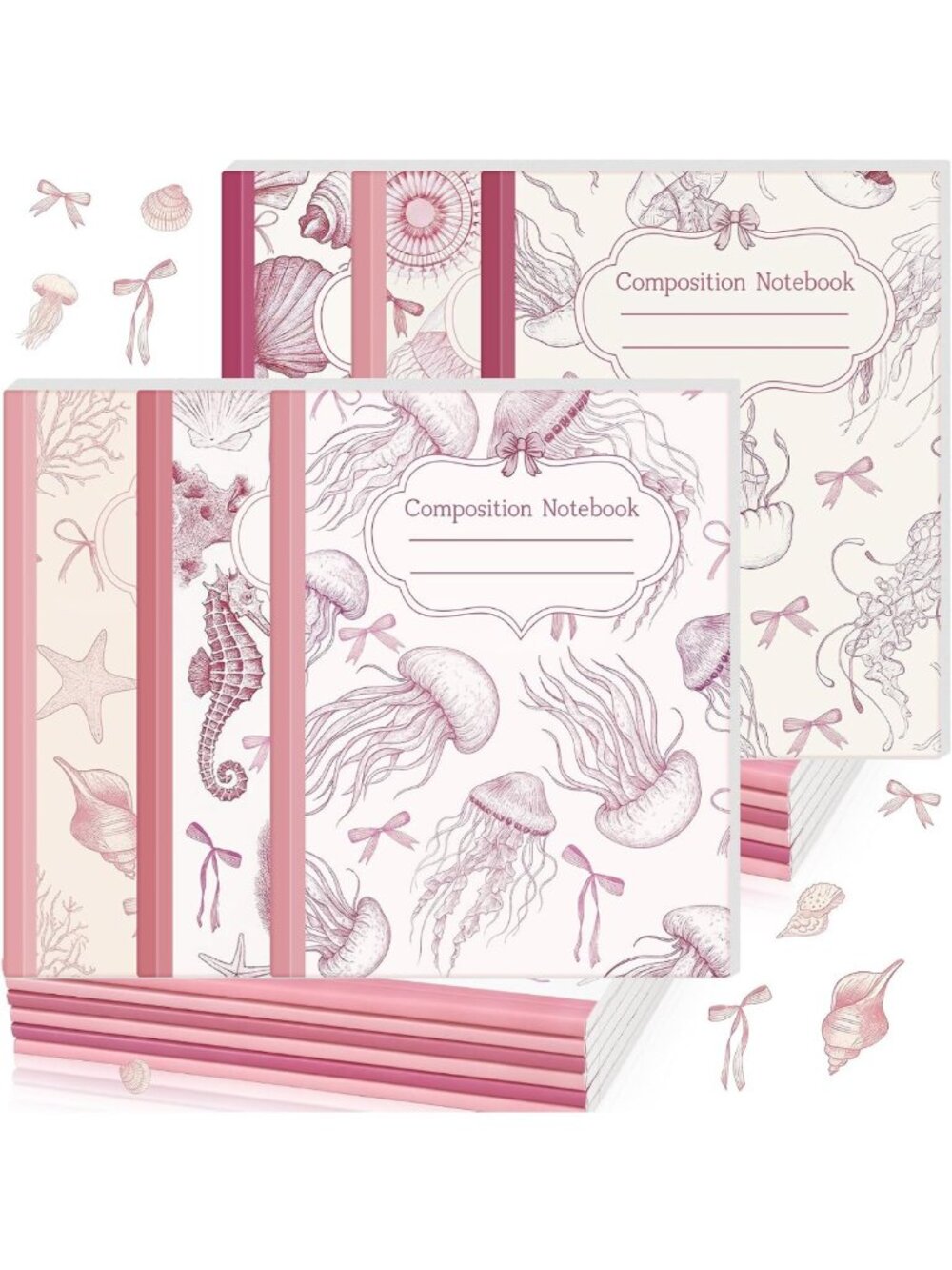 6 Pack Retro Pink Sea Composition Notebooks for College & School Supplies